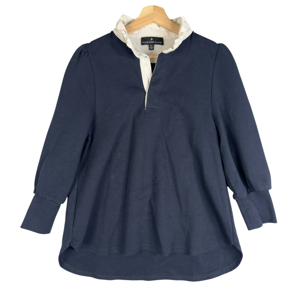 Pomander Place Tuckernuck Charlotte Terry Top Navy Blue Ruffle‎ Collar Blouse XS